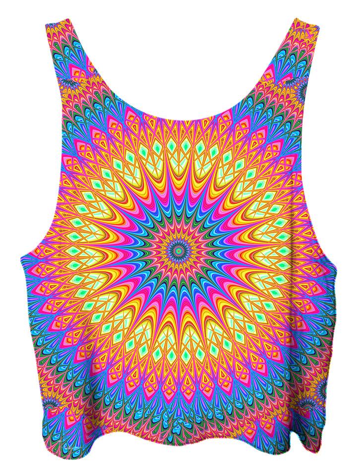 All over print psychedelic sacred geometry cropped top by Gratefully Dyed Apparel back view.