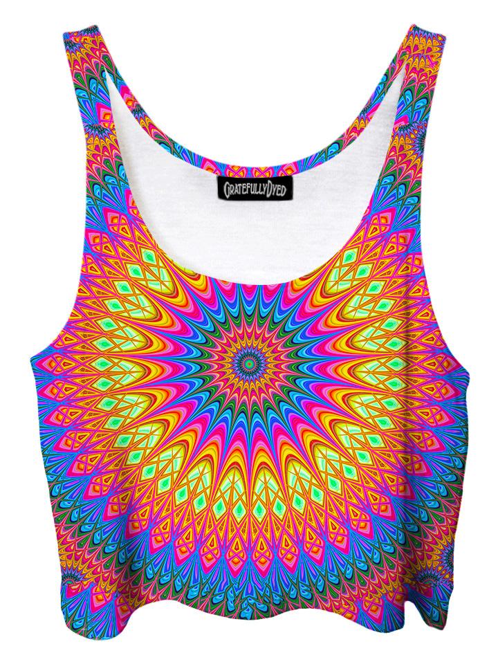 Trippy front view of GratefullyDyed Apparel rainbow mandala crop top.