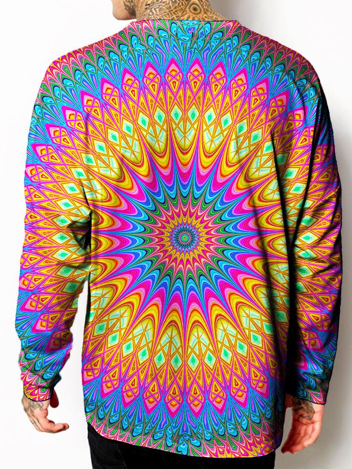 Model back view of all over print psychedelic sacred geometry unisex longsleeve.