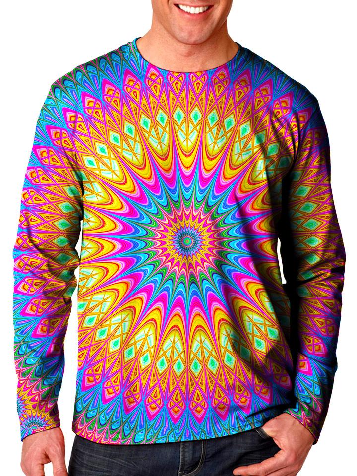 Front view of model wearing Gratefully Dyed Apparel rainbow mandala unisex long sleeve.