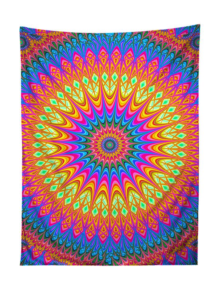 Vertical hanging view of all over print rainbow mandala tapestry by GratefullyDyed Apparel.