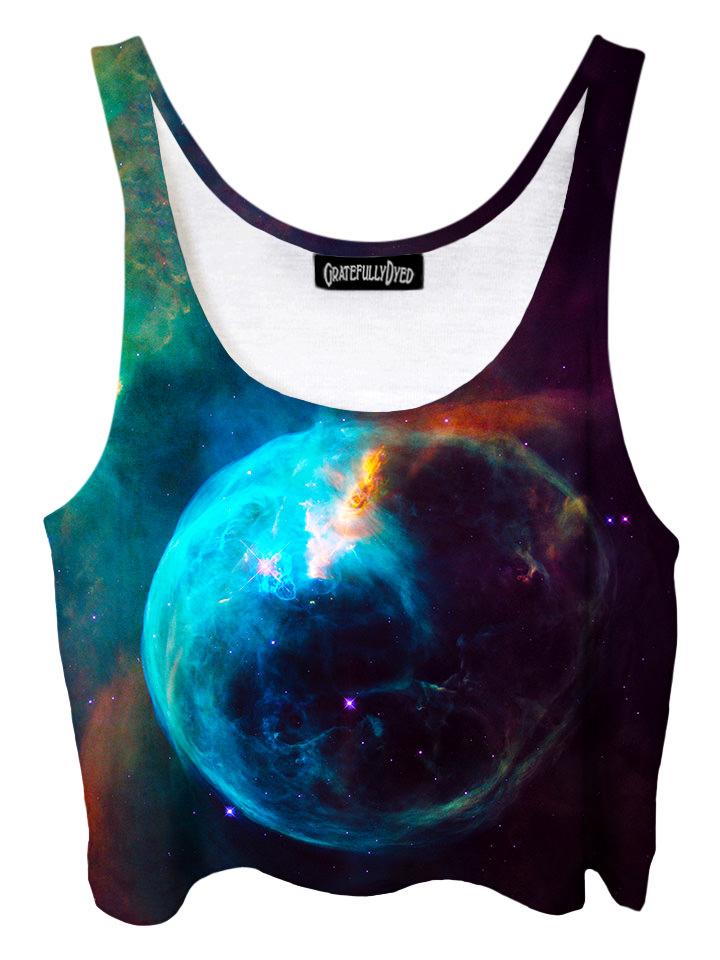 Trippy front view of GratefullyDyed Apparel black & blue planet galaxy crop top.