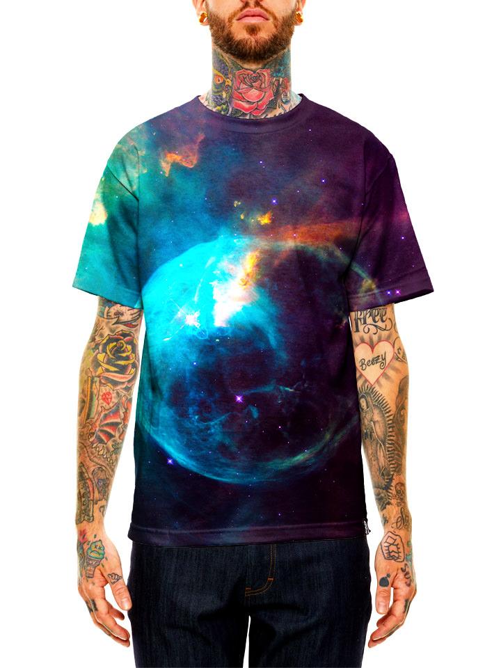 Model wearing GratefullyDyed Apparel blue planet galaxy unisex t-shirt.