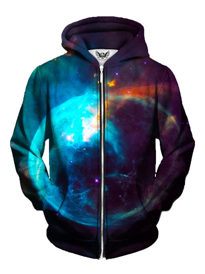 Men's blue planet galaxy zip-up hoodie front view.
