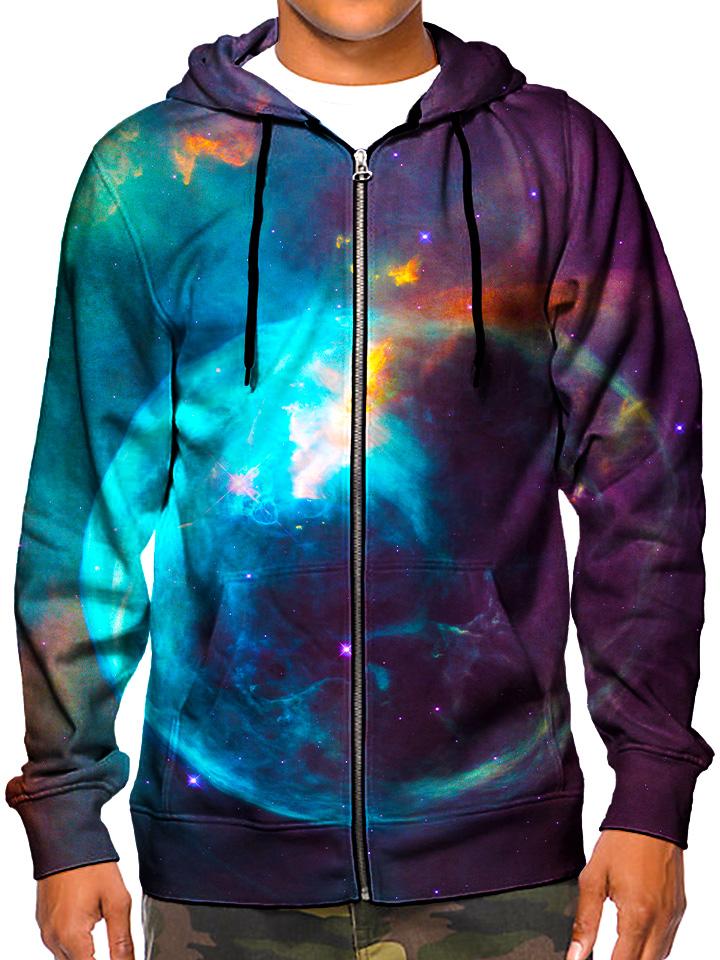 Model wearing GratefullyDyed Apparel psychedelic blue planet galaxy zip-up hoodie.