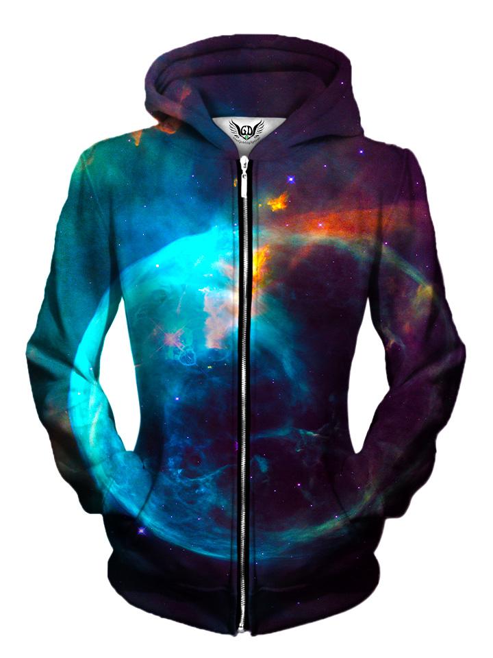 Front view of women's all over print space zip up hoody by Gratefully Dyed Apparel.