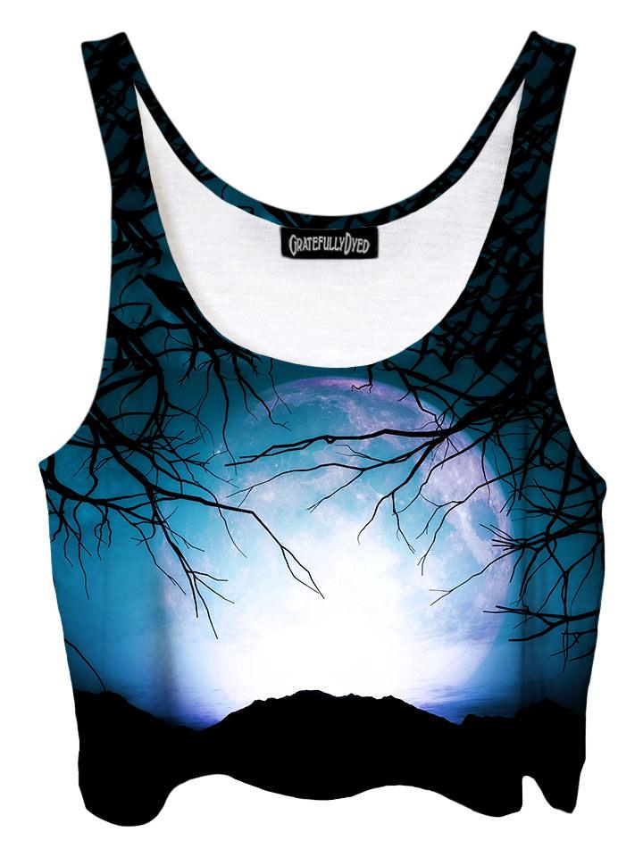 Trippy front view of GratefullyDyed Apparel black & blue forest galaxy crop top.