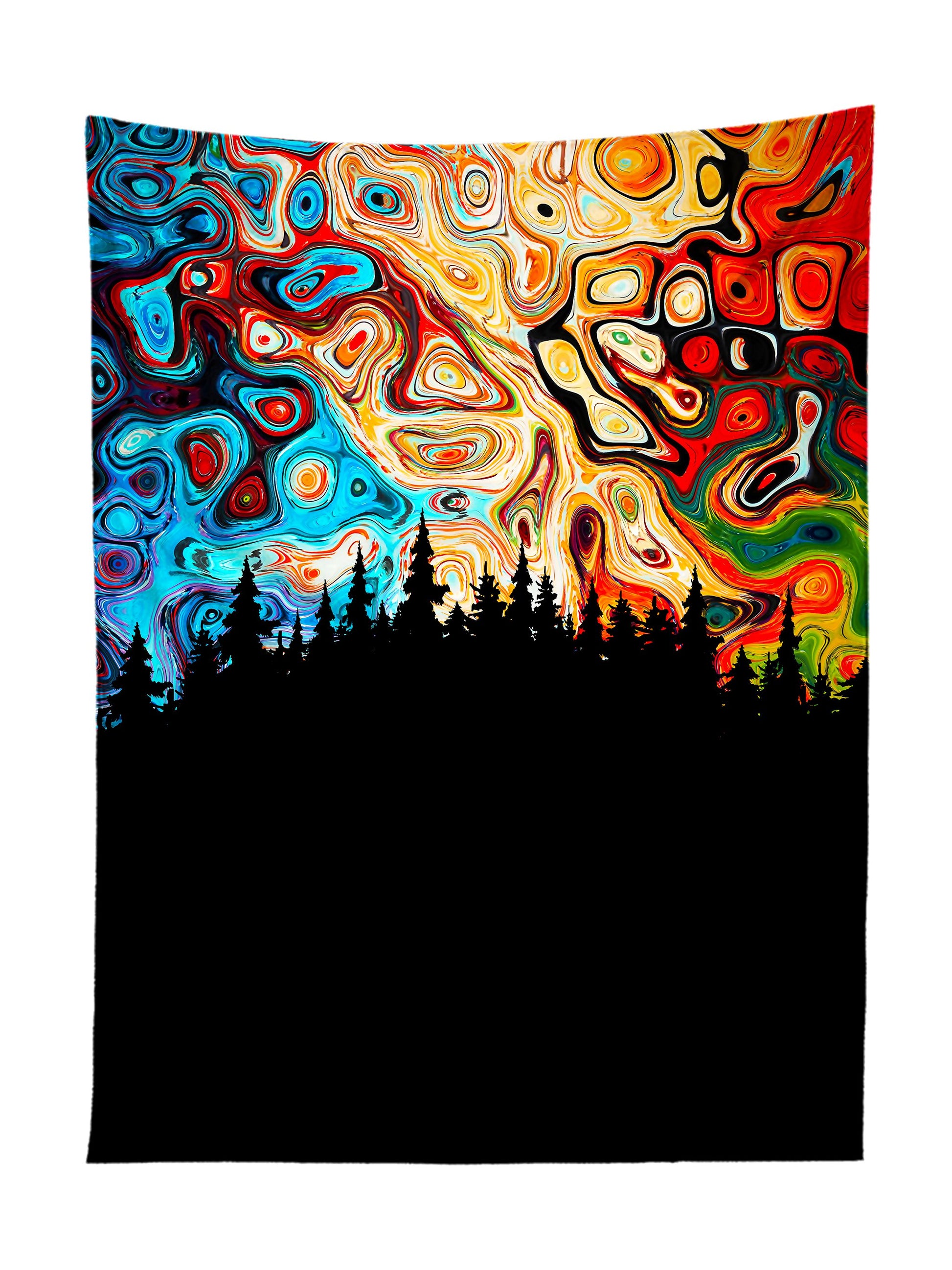 Vertical hanging view of all over print red, orange, blue & black psychedelic nature tapestry by GratefullyDyed Apparel.