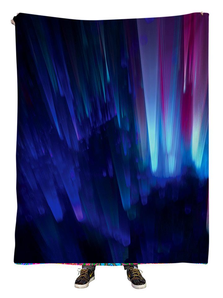 Hanging view of all over print blue northern lights galaxy blanket by GratefullyDyed Apparel.