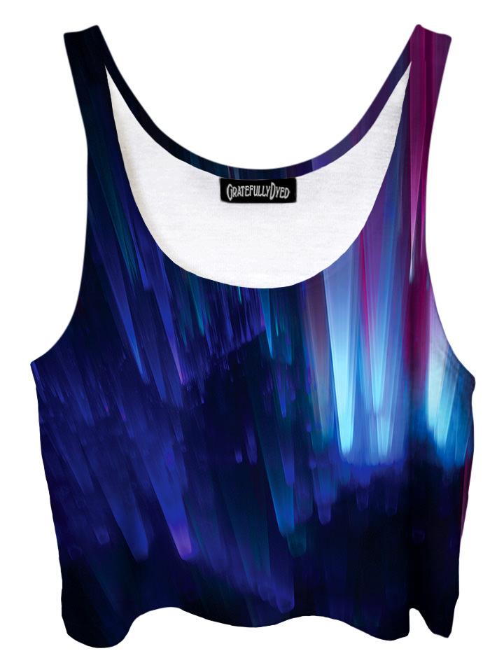 Trippy front view of GratefullyDyed Apparel blue northern lights galaxy crop top.