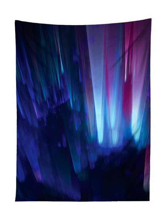 Vertical hanging view of all over print blue northern lights galaxy tapestry by GratefullyDyed Apparel.