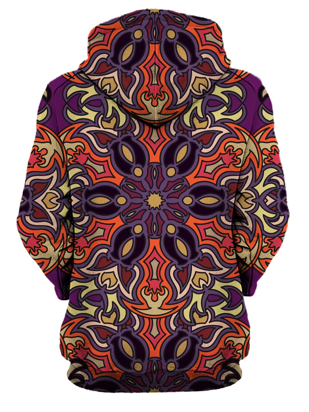 Rear of women's all over print orange & purple psychedelic mandala hoody. 