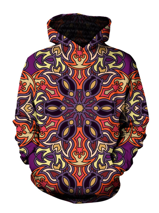 Men's purple & orange retro mandala pullover hoodie front view.