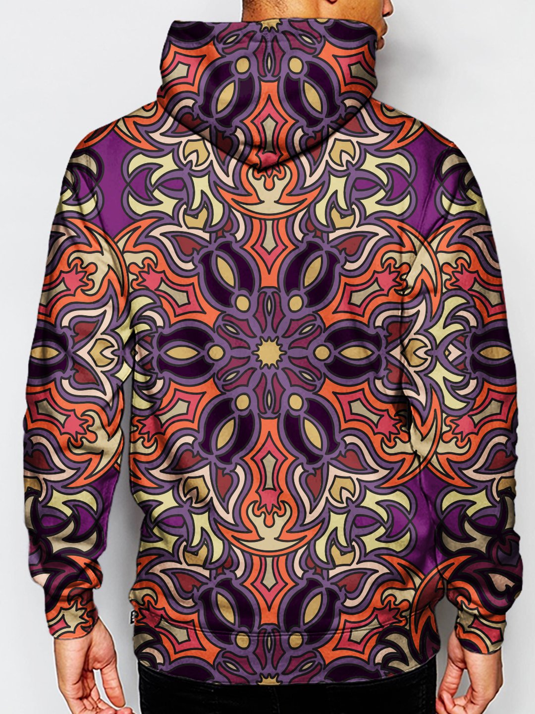 Model wearing GratefullyDyed Apparel psychedelic sacred geometry pullover hoodie.