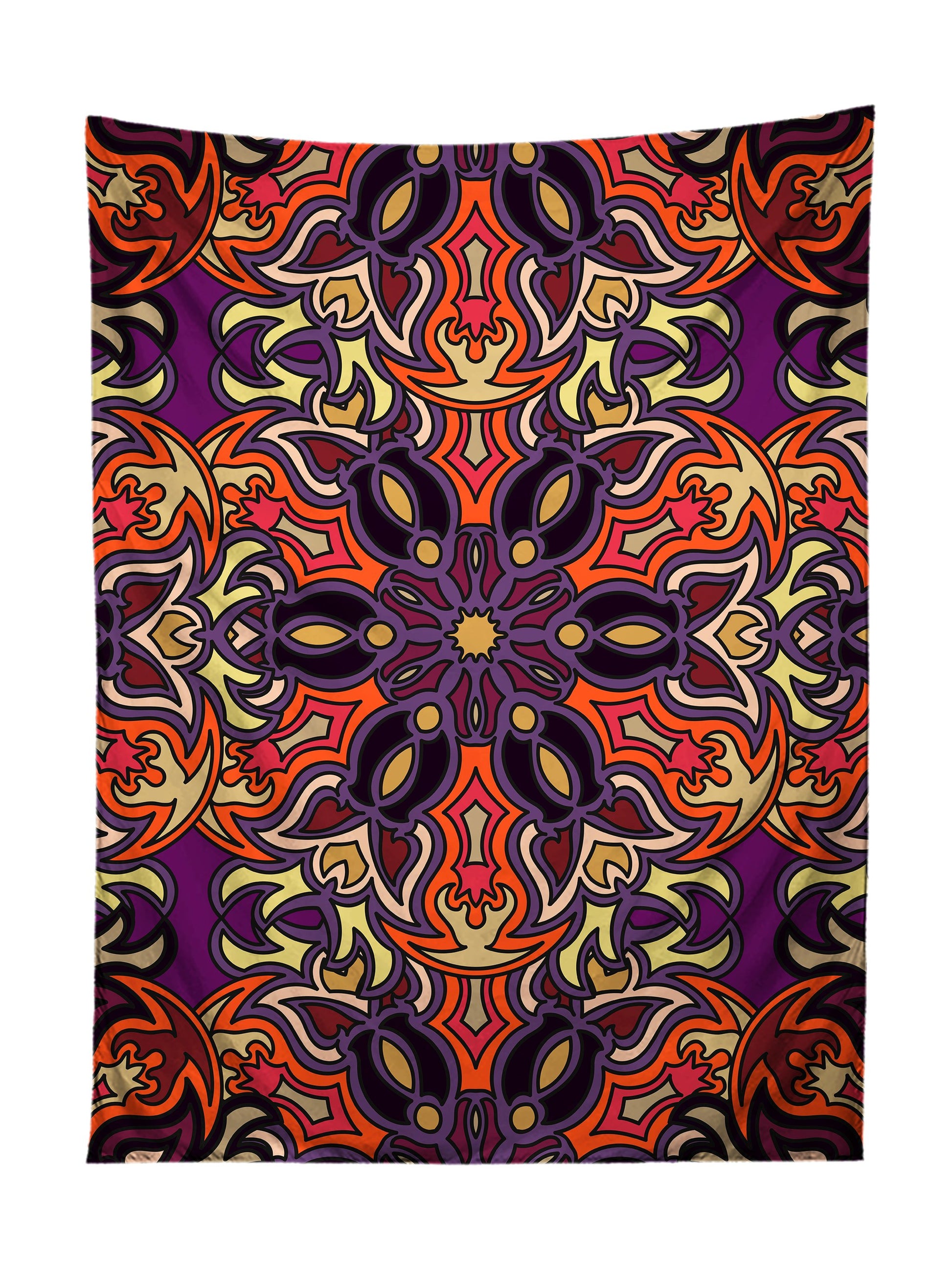 Vertical hanging view of all over print purple, orange & yellow mandala tapestry by GratefullyDyed Apparel.