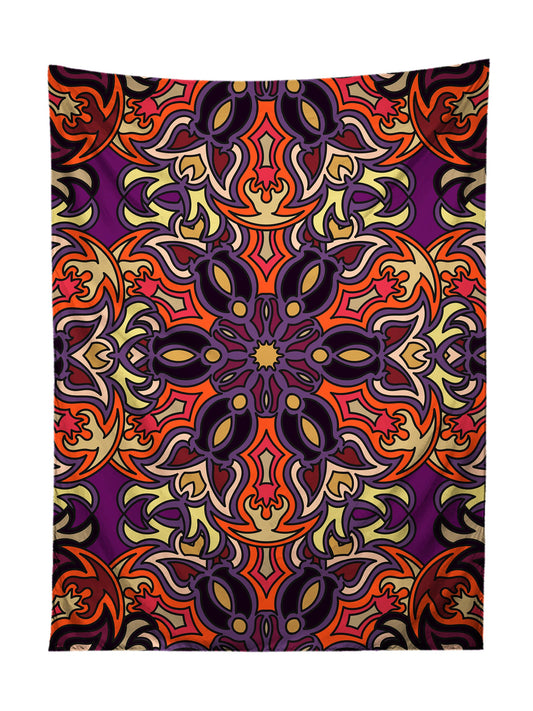 Vertical hanging view of all over print purple, orange & yellow mandala tapestry by GratefullyDyed Apparel.