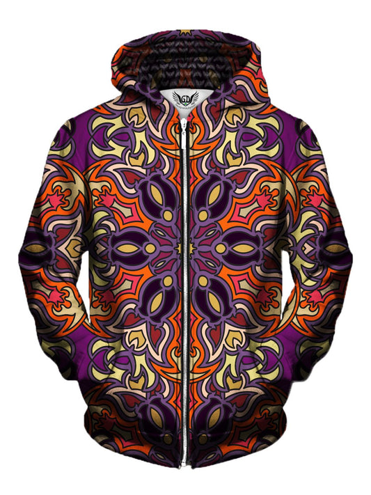 Men's purple, orange & yellow retro mandala zip-up hoodie front view.