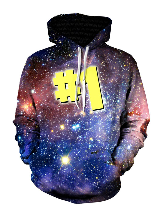 Men's pink & blue galaxy #1 pullover hoodie front view.