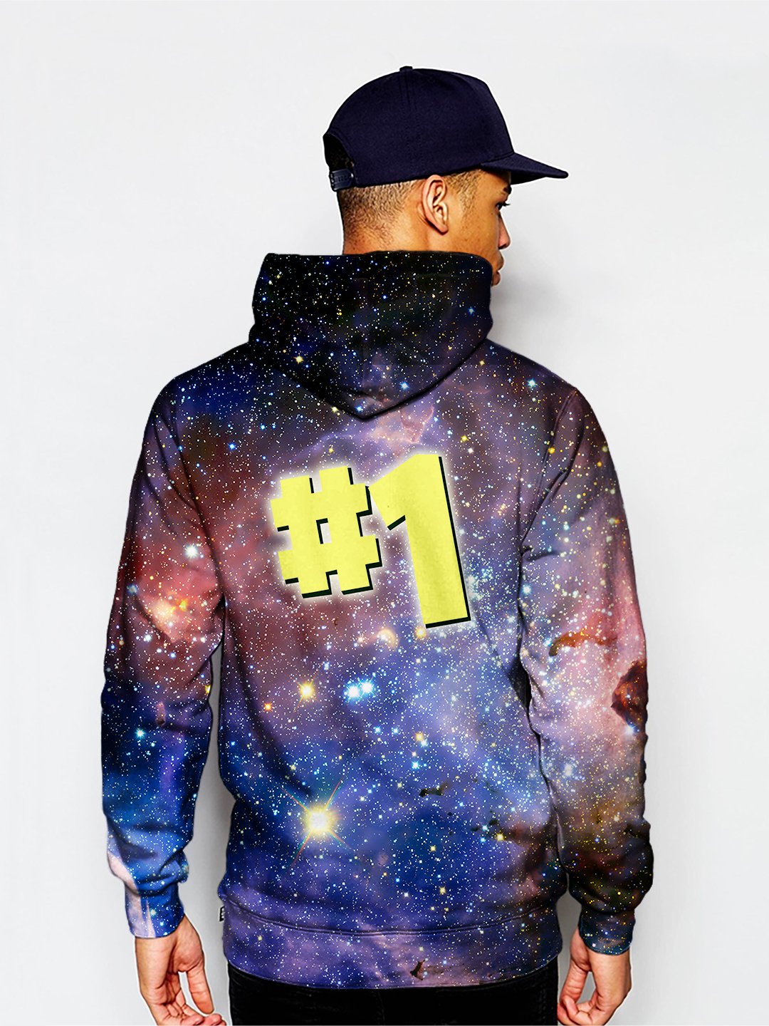 Model wearing GratefullyDyed Apparel psychedelic number one galaxy hoodie.
