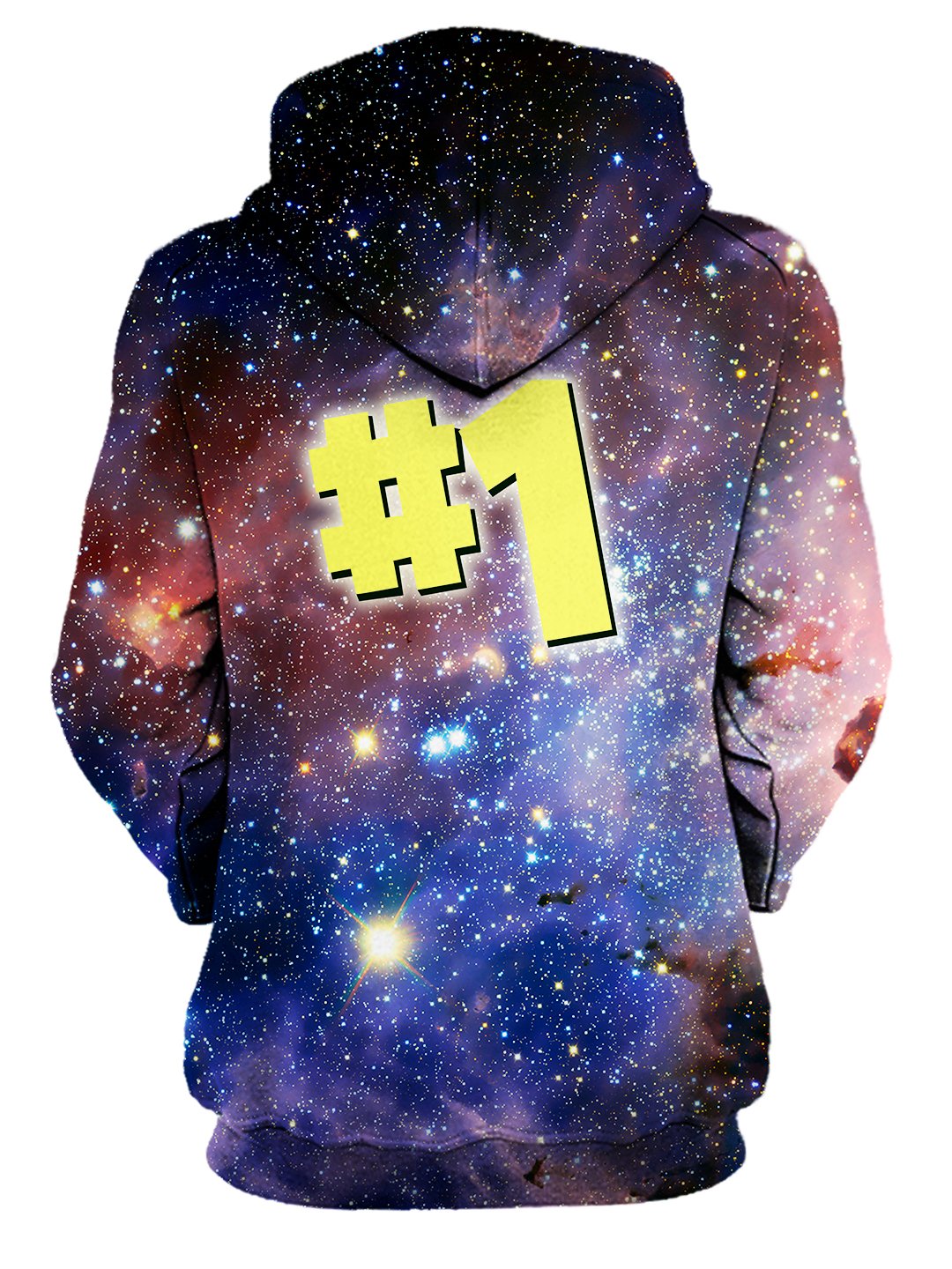 Rear of women's pink & blue #1 galaxy all over print hoody. 