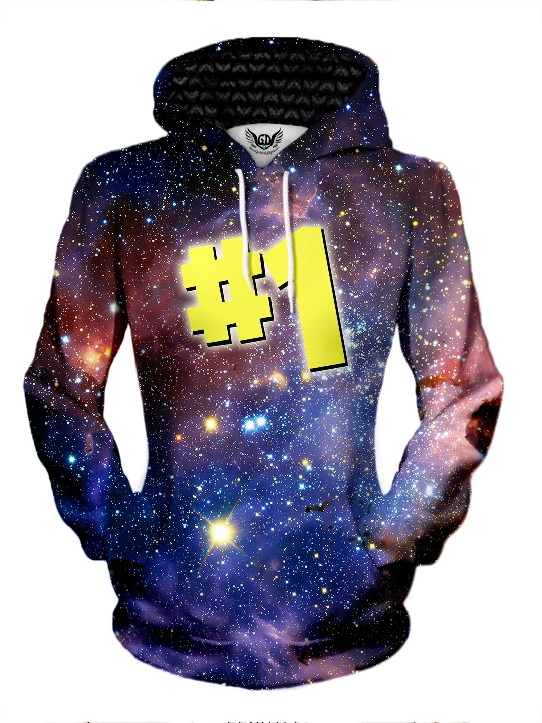 Women's front view of trippy space art pullover hoodie.