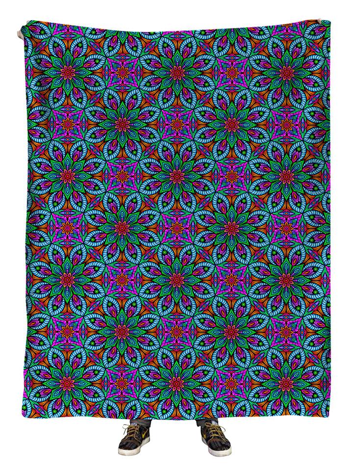 Hanging view of all over print purple, blue & green sacred geometry blanket by GratefullyDyed Apparel.