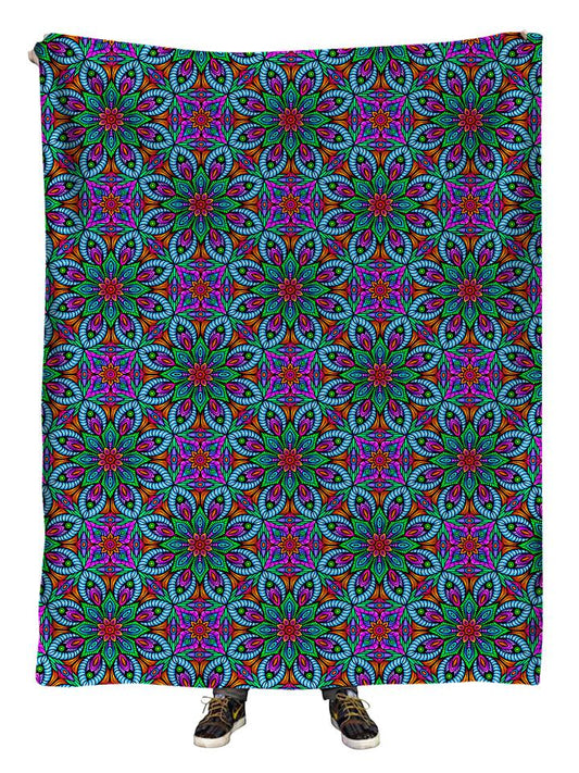 Hanging view of all over print purple, blue & green sacred geometry blanket by GratefullyDyed Apparel.