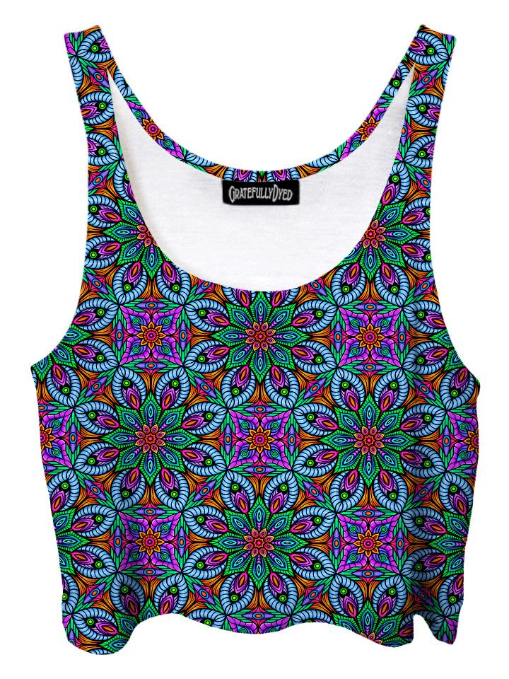 Trippy front view of GratefullyDyed Apparel blue, green & purple flower mandala crop top.