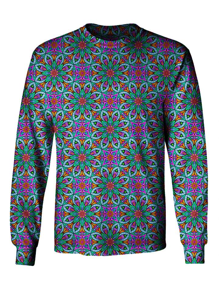 Gratefully Dyed Apparel blue, purple & green fractal unisex long sleeve front view.