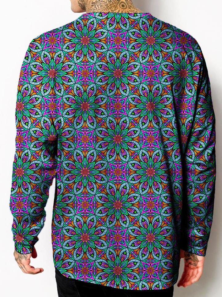 Model back view of all over print psychedelic sacred geometry unisex longsleeve.