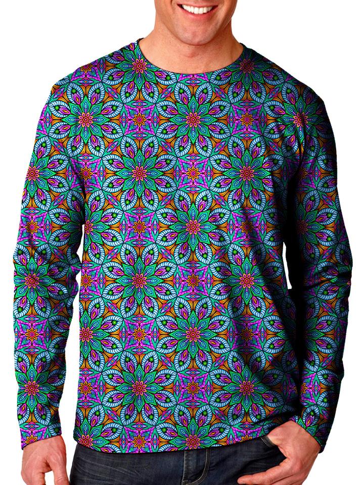 Front view of model wearing Gratefully Dyed Apparel fractal unisex long sleeve.