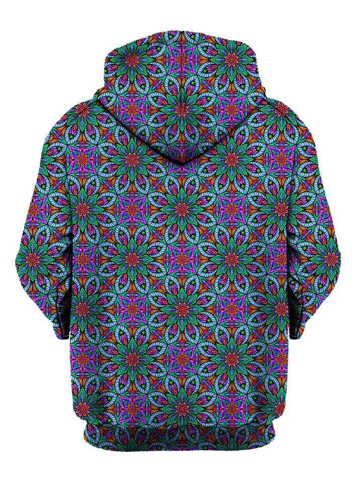 Back view of all over print psychedelic sacred geometry hoody by Gratefully Dyed Apparel. 