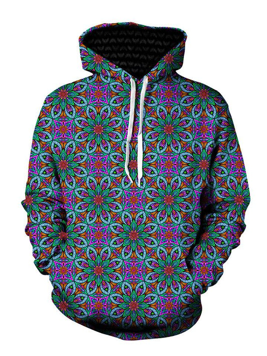 Men's green, blue & pink flower fractal mandala pullover hoodie front view.
