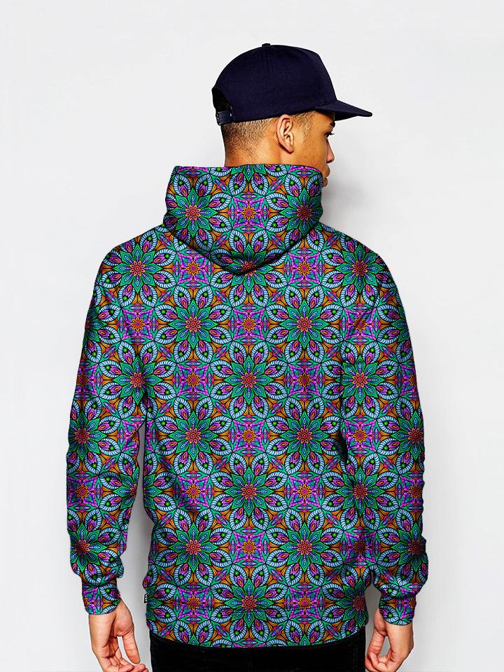 Model wearing GratefullyDyed Apparel psychedelic flower fractal mandala hoodie.