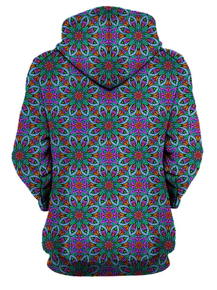 Rear of women's green, blue & pink all over print sacred geometry hoody. 