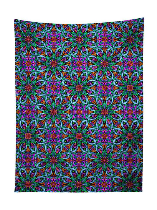Vertical hanging view of all over print purple, blue & green sacred geometry tapestry by GratefullyDyed Apparel.
