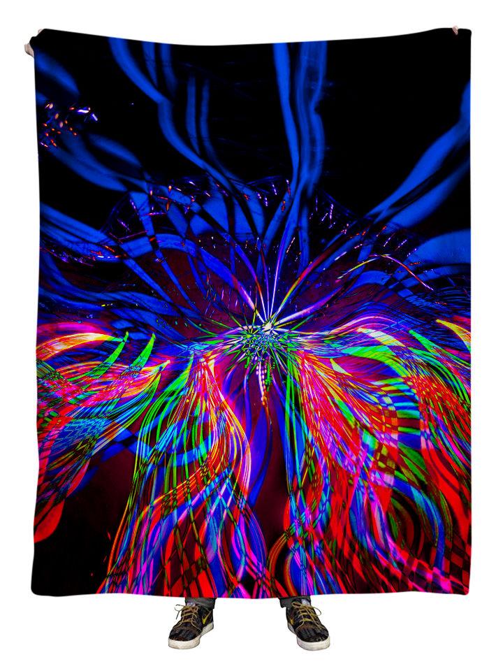 Hanging view of all over print blue & rainbow light show fractal blanket by GratefullyDyed Apparel.