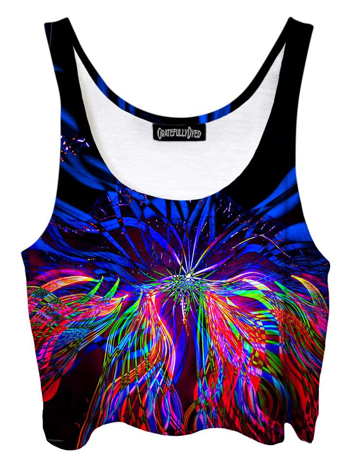 Trippy front view of GratefullyDyed Apparel black, blue & rainbow light show mandala crop top.
