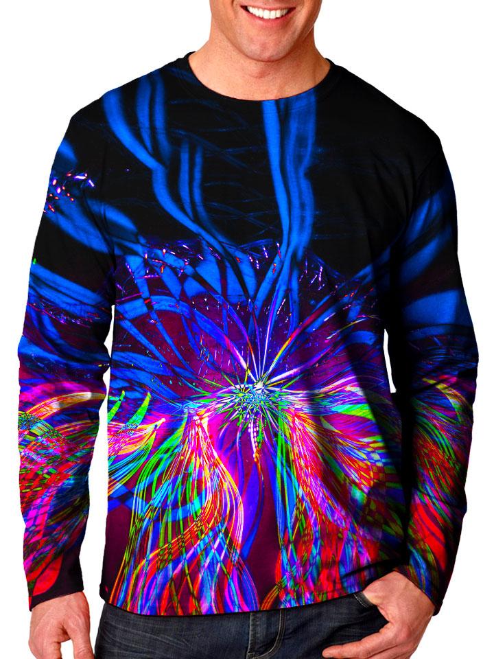 Front view of model wearing Gratefully Dyed Apparel light show mandala unisex long sleeve.