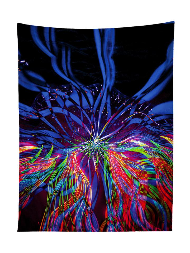 Vertical hanging view of all over print blue & rainbow light show tapestry by GratefullyDyed Apparel.