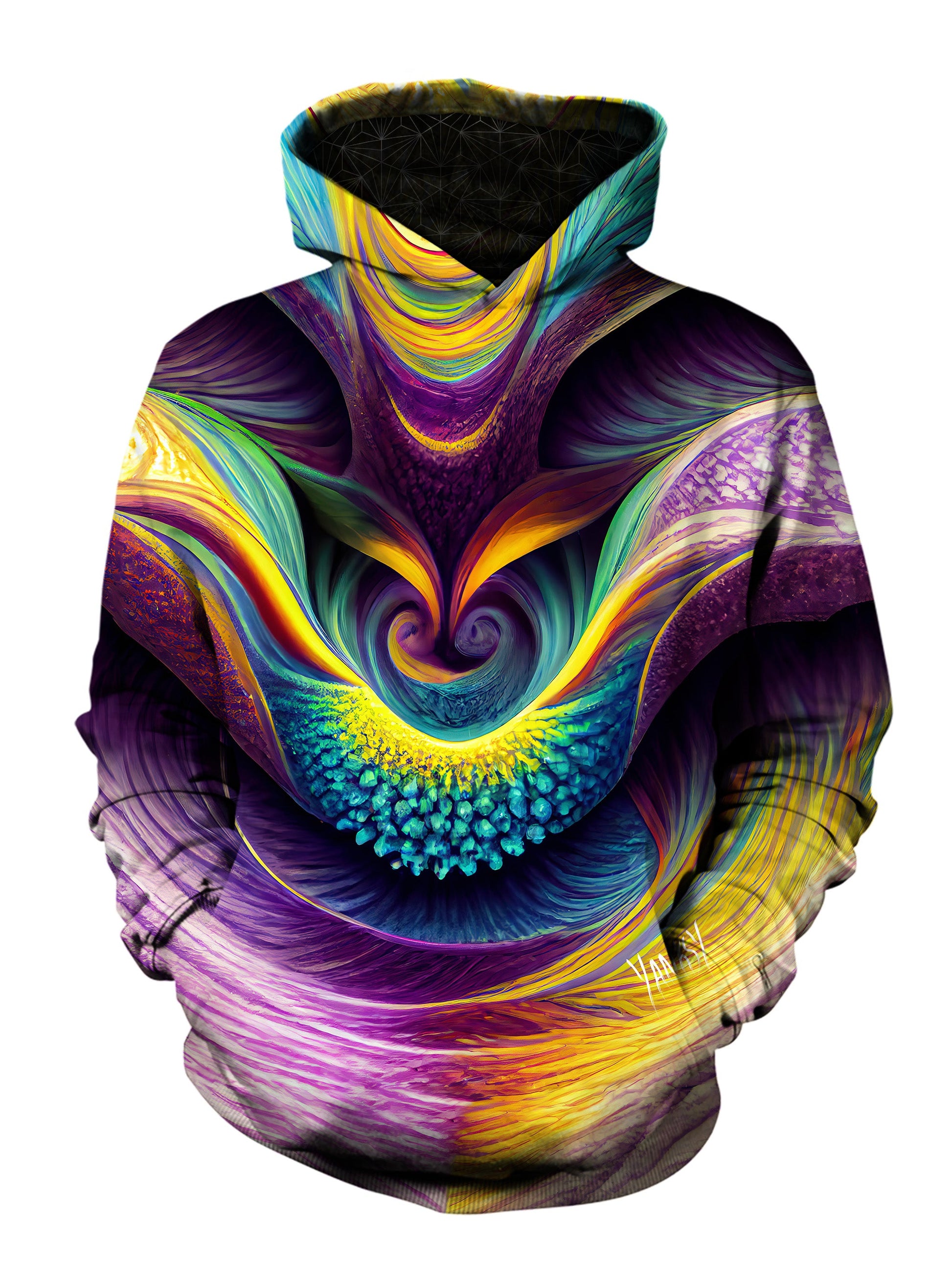 Stay warm and stylish at your next festival or rave with this comfortable pullover hoodie