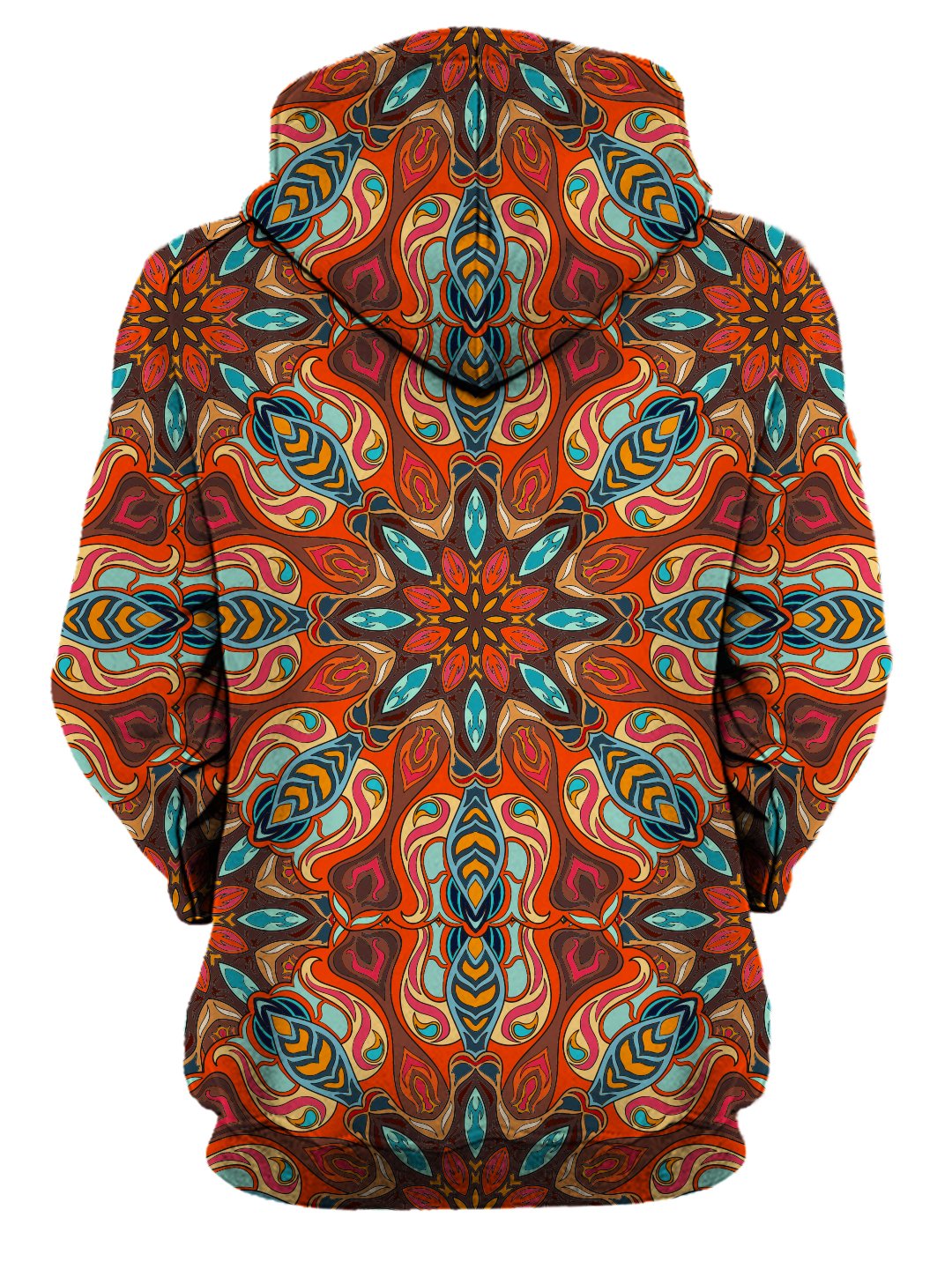 Rear of women's all over print orange & blue psychedelic mandala hoody. 