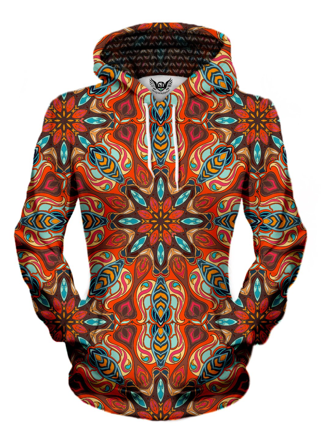 Women's front view of trippy mandala pullover hoodie.