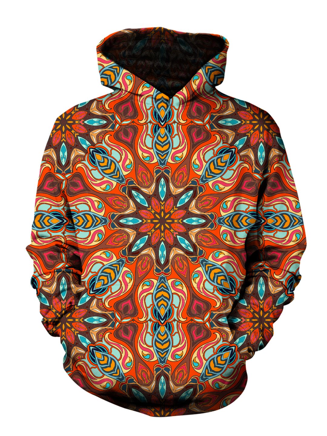 Men's orange & blue psychedelic mandala pullover hoodie front view.