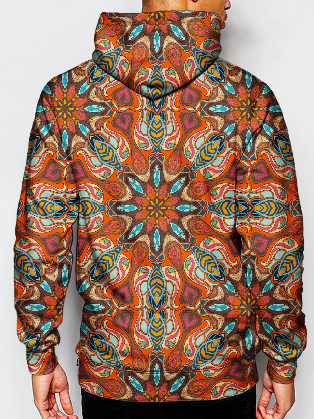 Model wearing GratefullyDyed Apparel psychedelic sacred geometry pullover hoodie.
