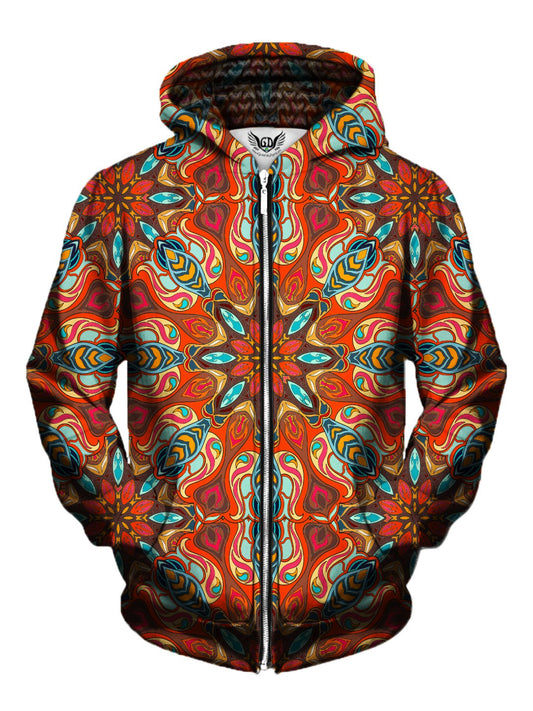 Men's orange & blue retro mandala zip-up hoodie front view.