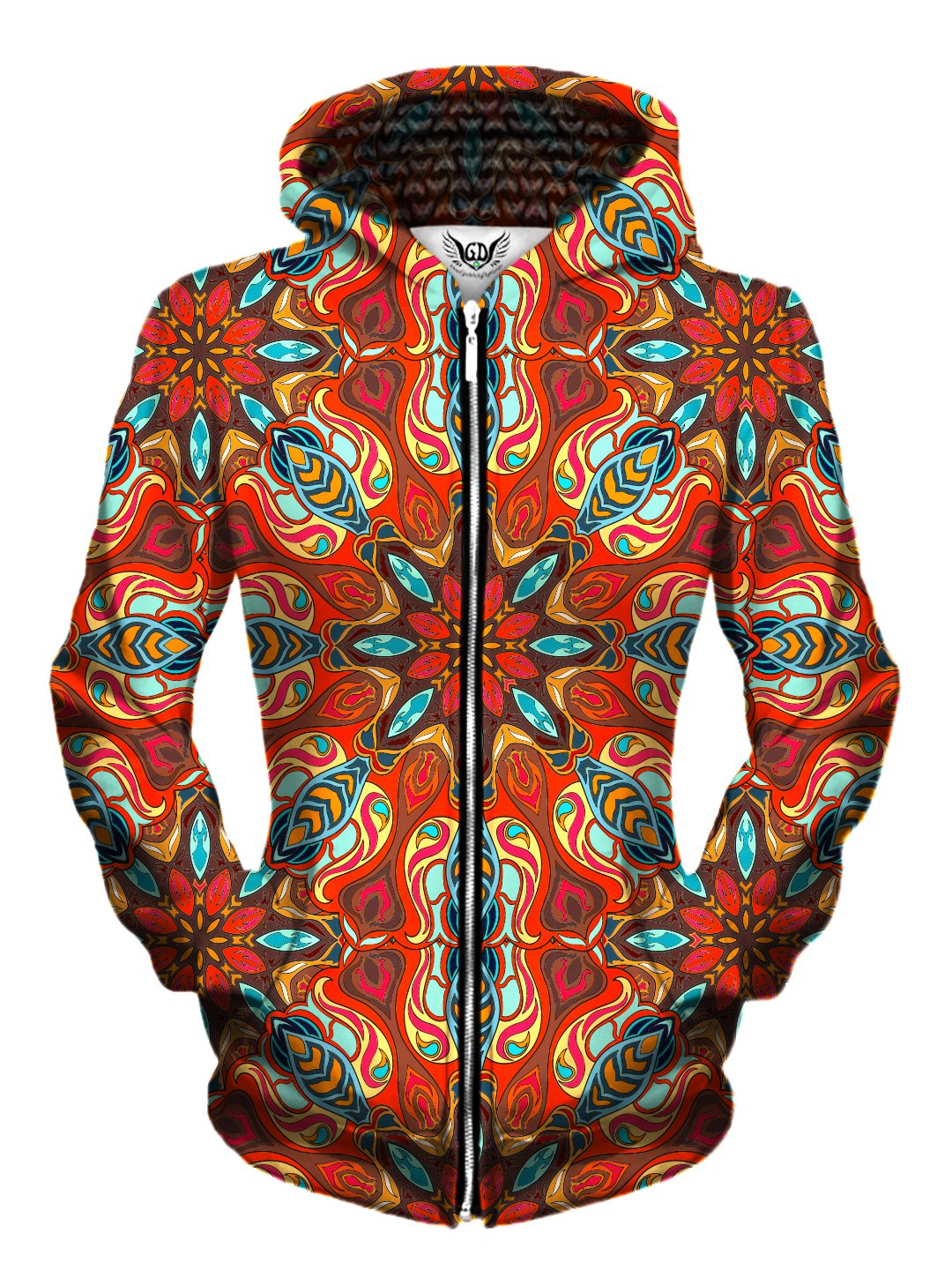 Front view of women's all over print sacred geometry zip up hoody by Gratefully Dyed Apparel.