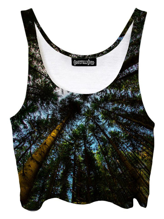 Trippy front view of GratefullyDyed Apparel blue & green redwood forest crop top.