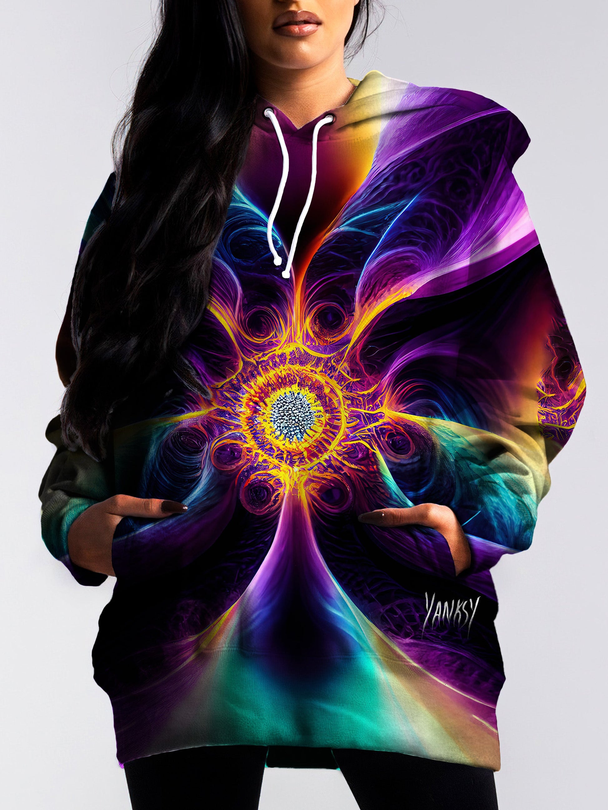 turn heads with this bright and colorful trippy pullover hoodie