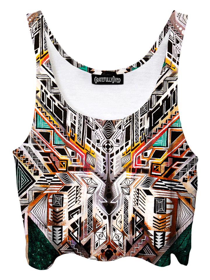 Trippy front view of GratefullyDyed Apparel white, teal & orange tribal sacred geometry crop top.